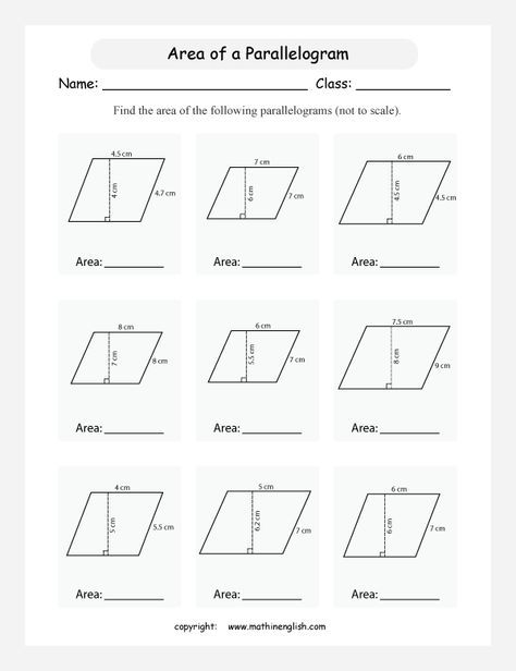 Printable Area of Parallelogram worksheet Grade 6 Math Worksheets, Area And Perimeter Worksheets, Finding Area, Area Worksheets, Perimeter Worksheets, Math Practice Worksheets, Grade 6 Math, Maths Area, Geometry Worksheets