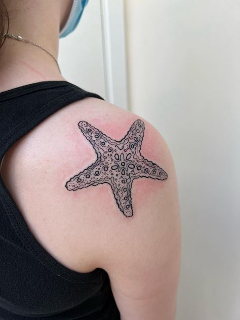 Starfish Shoulder Tattoo, Starfish Tattoo Traditional, Starfish Elbow Tattoo, Sea Star Tattoo, Star Fish Tattoo, Sand Dollar Tattoo, Starfish Tattoo, Ink Therapy, Sea Tattoo