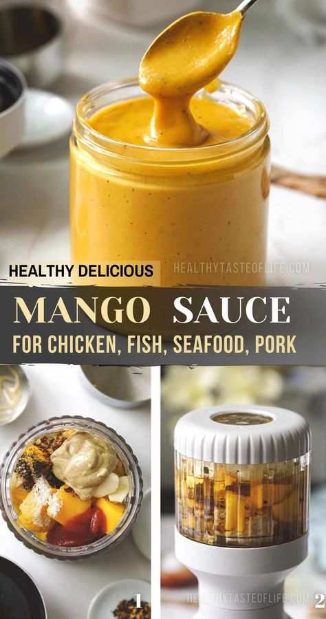 Sweet mango sauce with fruity notes and a slight kick, perfect as marinade for chicken, fish and seafood, or for topping the grilled meat and veggies. You can also use this creamy mango sauce as pasta sauce or drizzled over salads to jazz them up. Make this mango sauce recipe hot and spicy with habanero peppers or light and sweet, it's up to you! #mangosauce #mangorecipe Mango Habanero Tofu, Mango Habanero Chicken Tacos, Mango Sauce For Shrimp, Mango Fish Recipes, Salmon With Mango Sauce, Mango Marinade For Chicken, Mango Bbq Sauce, Mango Sauce Recipes, Shrimp And Mango Recipes