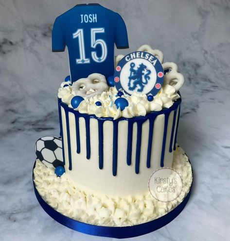 Chelsea Themed Birthday Cake, Blue Soccer Cake, Chelsea Cakes For Men, Chelsea Football Cake, Blue Drip Cake, Soccer Birthday Cakes, Half Birthday Cakes, Football Birthday Cake, Red Birthday Cakes