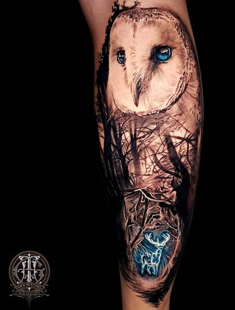 Harry Potter inspired calf piece with Stag Patronus Charm. Tattoo by Coen Mitchell, a world travelling artist. Harry Potter Howler Tattoo, Harry Potter Calf Tattoo, Patronus Tattoo, White Owl Tattoo, Simple Owl Tattoo, Barn Owl Drawing, Harry Potter Tattoo Sleeve, Owl Tattoo Meaning, Barn Owl Tattoo