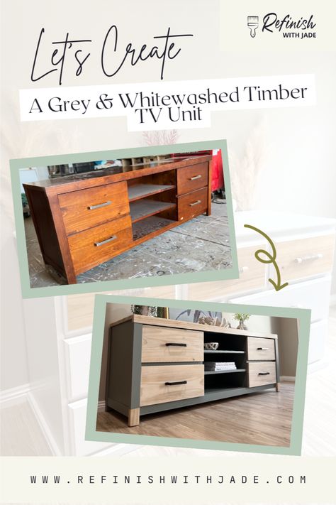 Step into the world of DIY with our Grey and whitewashed Timber TV Unit! Let's bring rustic charm to your space. Watch my YouTube tutorial for a complete transformation. 🪵🌟 Dive deeper into the magic with my new blog post. #HowToPaint #HowToWhitewashed #FurnitureMakeovers #BeforeAndAfter #DIYInspiration #DIYFurniture #StunningTransformations #UpcycledFurniture #DIYHome #DesignInspiration #RefinishWithJade Tv Unit Makeover Diy, Upcycle Entertainment Unit, Upcycle Tv Unit, Handmade Tv Unit, Nathan Unit Upcycle, Tv Unit Diy, Timber Tv Unit, Thumbnails Ideas, Space Watch