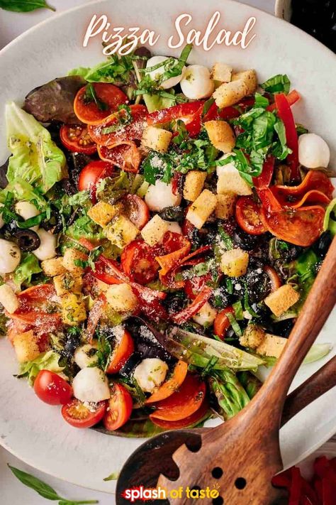 Pizza Salad Katie Lee, Hearty Salads Meals Dinners, Salad Pizza Recipes, Salad For Pizza Night, Pizza Night Salad, Pizza Salad Recipe, Salad For Pizza, Whimsical Recipes, Superfood Salads