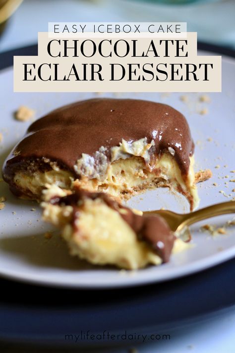 Vegan Eclair Cake, Vegan Icebox Cake, Dairy Free Whipped Topping, Eclair Dessert, Chocolate Eclair Dessert, Eclairs Dessert, No Bake Chocolate Desserts, Eclair Recipe, Dairy Free Cake