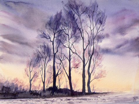 watercolor, 32 x 24 cm Violet Landscape, Abstract Watercolor Landscape, Watercolour Landscape, Winter Tree, Watercolor Landscape Paintings, Wild Nature, Winter Trees, Watercolor Wall Art, Watercolor Drawing