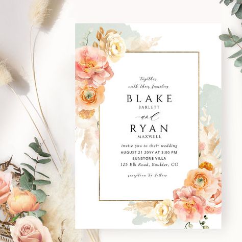 $2.93 | Elegant and Simple Sage, Peach and Blush Wedding #together with their families, elegant wedding invitation, classy minimal simple modern, watercolor floral, peach wedding invitation, orange wedding invitation, boho bohemian, modern simple classy minimalist, sage green wedding invitation, mint green and peach Peach And Blush Wedding, Lime Green Weddings, Blush Wedding Invitation, Orange Wedding Themes, Peach Wedding Invitations, Olive Green Weddings, Orange Wedding Invitations, Wedding Mint Green, Woodsy Wedding