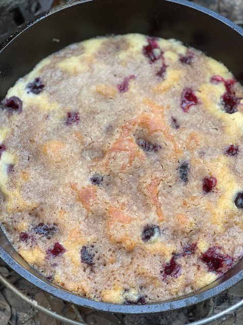 Dutch Oven Blueberry Cobbler, Dutch Oven Cobbler, Easy Dutch Oven Recipes, Dutch Oven Desserts, Blueberry Buckle, Dutch Oven Camping, Camping Desserts, Blueberry Season, Dutch Oven Cooking