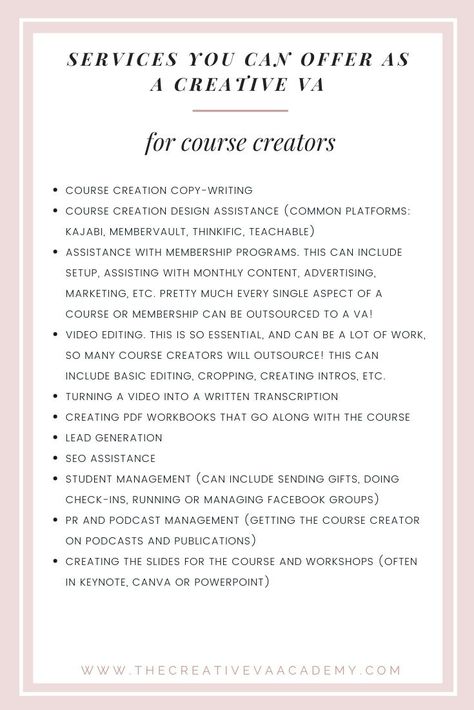 Looking to work with coaches, speakers and course creators as a creative virtual assistant? This is a list of the top services you can offer to them, today! | The Creative VA Academy #workfromhome #virtualassistant #creativeva Virtual Assistant Portfolio Example, Virtual Assistant Portfolio, Business Setup, Welcome Packet, Work From Home Business, Virtual Assistant Business, Wedding Marketing, Social Media Marketing Business, Project Management Tools