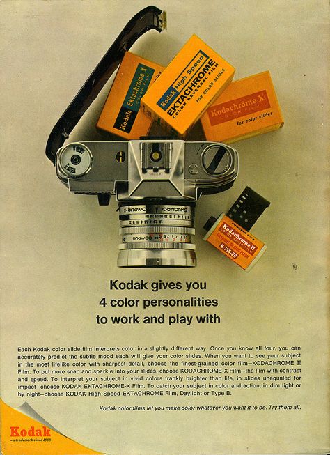 23 Vintage Camera Ads That Put Instagram to Shame - ReadWrite Fotocamere Vintage, Kodak Camera, Kodak Film, Classic Camera, Old Cameras, Plakat Design, Retro Camera, Retro Ads, Old Camera