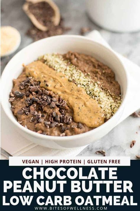 Chocolate Peanut Butter Low Carb Oatmeal is the perfect healthy breakfast! Made with cauliflower rice, protein powder and peanut butter. This vegan, gluten free, keto friendly recipe is full of protein, fiber and can be made in 5 minutes! Add whatever toppings you love including chocolate chips, peanut butter or your favorite fruit! Breakfast Cauliflower, Low Carb Oatmeal, Keto Oatmeal, Peanut Butter Breakfast, Perfect Healthy Breakfast, Dairy Free Breakfasts, Wfpb Recipes, Low Carb Vegetarian Recipes, Macro Meals