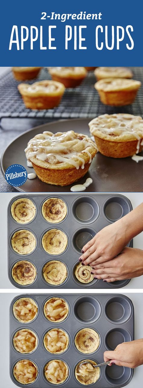 Yes, you can make tasty apple pie cups with just two ingredients! All you need is a can of Pillsbury™ refrigerated cinnamon rolls and some apple pie filling for an easy fall-inspired treat that serves a crowd. For a little something extra, we recommend serving with a large scoop of vanilla ice cream. Expert tip: Use a nonstick muffin pan for easiest removal. PS: Have you heard the good news? Pillsbury Cinnamon Rolls now have more icing (so this recipe is extra gooey and delicious)! Apple Pie Cups, Pie Cups, Apple Pie Filling, Muffin Tin Recipes, Apple Pies, Dessert Dips, Muffin Tins, Apple Pies Filling, Apple Desserts