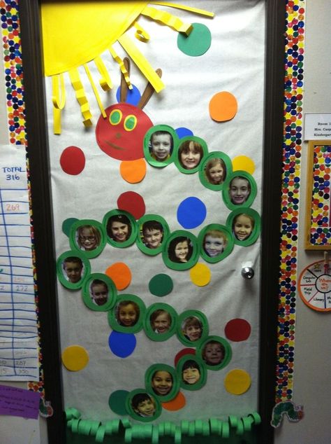 Easy Door Decorations Classroom Simple, Read Across America Door Decorations, Classroom Door Decorating Ideas, Eric Carle Classroom Theme, Hungry Caterpillar Classroom, Eric Carle Classroom, Spring Classroom Door, Classroom Door Decorating, Preschool Door