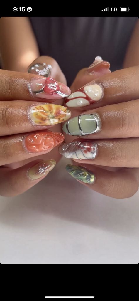 nails with 3d designs in on range green and brown 3d Autumn Nails, Autumn 3d Nails, Autumnal Nails, Douyin Nails, Nails Done, Autumn Nails, Nail Inspiration, 3d Nails, How To Do Nails