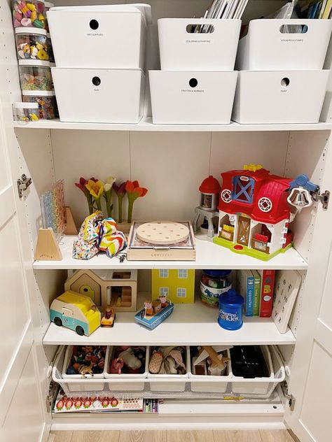 A Montessori shelving unit should be at a height that is easily accessible for your child, and the shelf should be completely open (we have this system and open the doors during play time). Spring Organization, Toy Cabinet, Pax Closet, Basement Playroom, Toy Shelves, Basement Storage, Open Ended Toys, Homemade Playdough, Ikea Cabinets