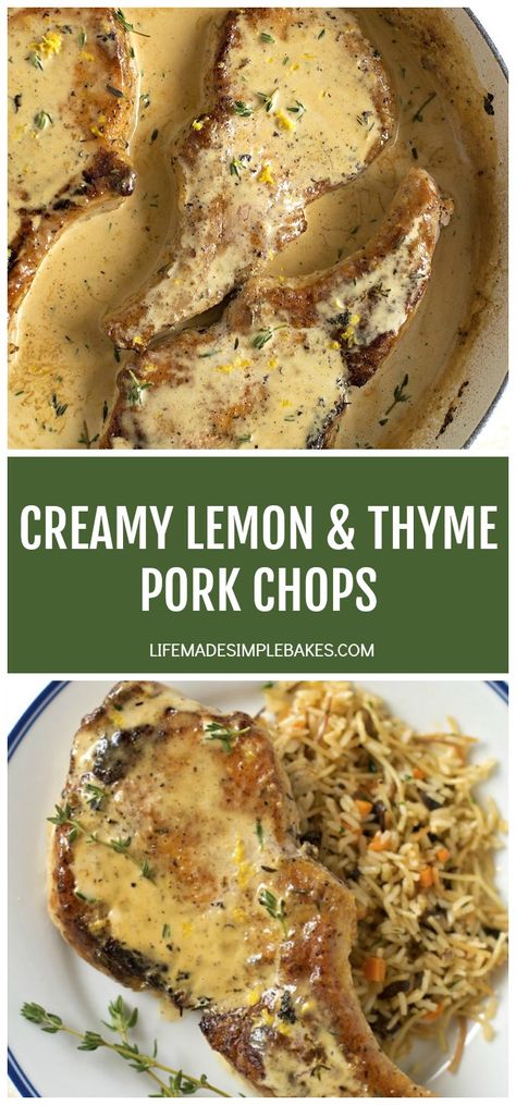 These creamy lemon and thyme pork chops are perfect for a cozy weekend meal. They're breaded and topped with a luscious, flavorful pan sauce. #creamylemonthymeporkchops #porkchops #lemonporkchops #lemonandthyme Pork Chop Topping Sauce, Creamy Lemon Thyme Pork Chops, Lemon Thyme Pork Chops, Pan Sauce For Pork Chops, Lemon Pork Chop Recipes, Sautéed Pork Chops, Creamy Lemon Pork Chops, Dill Pork Chops, Lemon Pork Chops