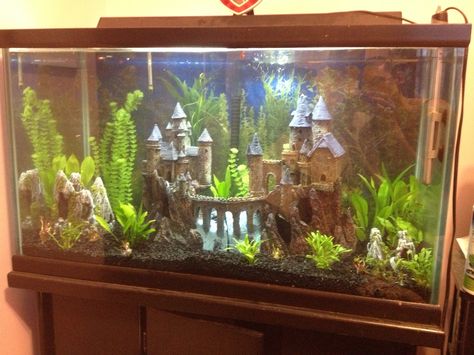 Fish Tank Castle Theme, Pirate Theme Fish Tank, Disney Themed Fish Tank, Lotr Fish Tank, Fantasy Fish Tank Ideas, Lord Of The Rings Fish Tank, Fantasy Fish Tank, Pirate Fish Tank, Fish Tank Castle