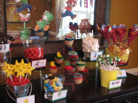 Super Mario Bros Mario Candy Table, Mario Kart Party, Nintendo Party, Mario Birthday Cake, 6th Birthday Party, Super Mario Bros Party, Mario Bros Birthday, Mario Bros Party, Super Mario Birthday Party