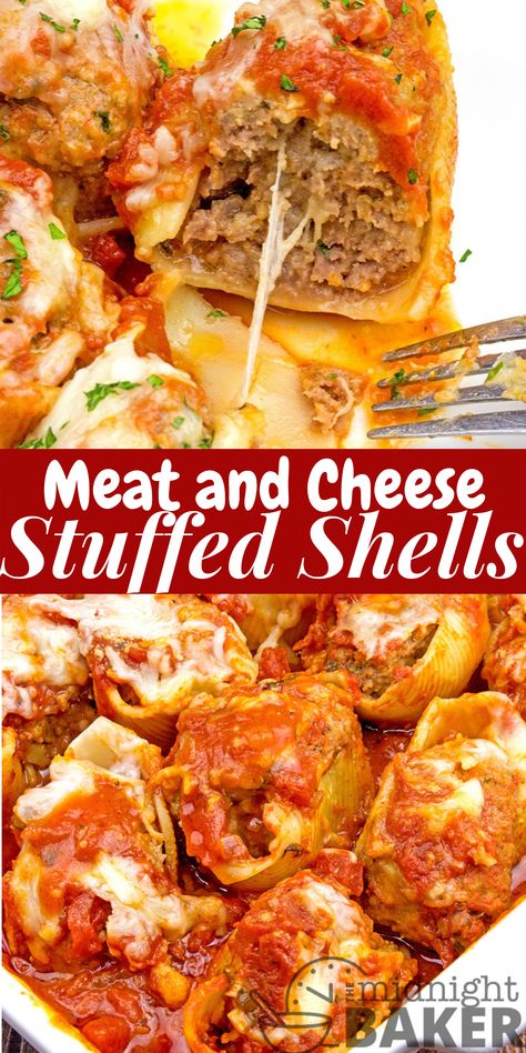 Meat and Cheese Stuffed Shells Recipe will be perfect for Father's Day Dinner. Meat And Cheese Stuffed Shells, Meat Stuffed Shells, Pasta Shells With Ground Beef, Basil Marinara Sauce, Jumbo Shell Recipes, Stuffed Shells With Meat, Shell Pasta Recipes, Recipes Ground Beef, Manicotti Recipe