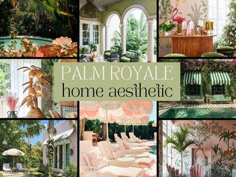 Tips for recreating the iconic Palm Royale interior decor aesthetic in your home & outdoor space. Inspired by the hit TV series & glamorous Palm Beach style. Mcm Palm Springs Interior, Palm Springs Vibe Decor, Vintage Palm Beach Decor, West Palm Beach Decor, 90s Florida Aesthetic, Palm Beach Dining Room, Palm Royale Decor, Palm Beach Regency Decor, Palm Beach Style Interior Design