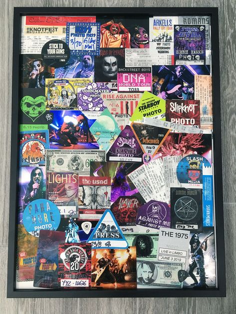 Concert Ticket Stubs Display, Concert Ticket Collage, Concert Ticket Display Ideas, Concert Wristband Display, Concert Collage Ideas, Music Memorabilia Display Ideas, Concert Tickets Display, Concert Confetti Display Ideas, Ticket Stub Ideas