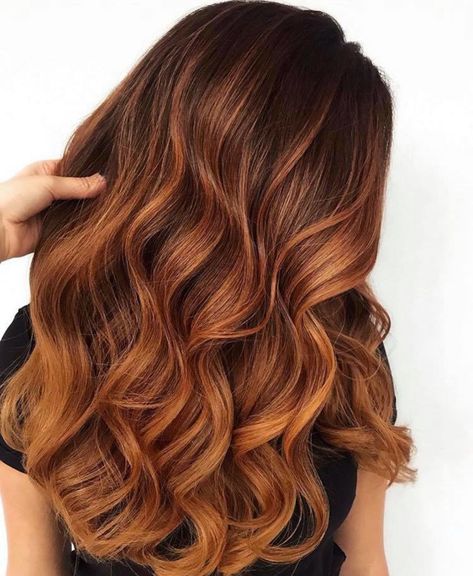 The Prettiest Apple Cider Hair Colors To Brighten Up Your Fall Days Different Highlight Colors For Brown Hair, Pumpkin Balayage Hair, Apple Cider Copper Hair, Apple Cinnamon Hair Color, Apple Cider Hair Color, Autum Hair Color Ideas, Autum Hair Colours, Cooper Balayage Brunettes, Red Copper Balayage