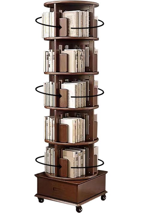 This huge 5-tier vertical wooden bookcase tower on wheels can be spun 360-degrees for easy access to a large collection of books, textbooks, or magazines. 📚 Bookshelf On Wheels, Rotating Bookshelf, Screen Layout, Wooden Bookcase, 360 Degree, Easy Access, Bookshelves, Bookcase, Tower