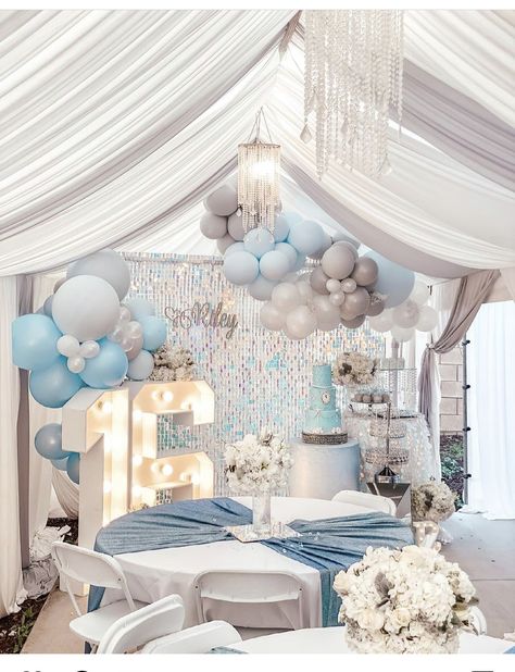 Light Blue Sweet 16 Theme, Sweet Sixteen Party Ideas Blue And Silver, Sweet 16 Blue Centerpieces, Quince Decor Light Blue, Royal Themed Sweet 16, Clouds Sweet 16, Light Blue And Gold Sweet 16, Periwinkle Sweet 16 Decorations, Sweet 16 Blue And Silver Theme