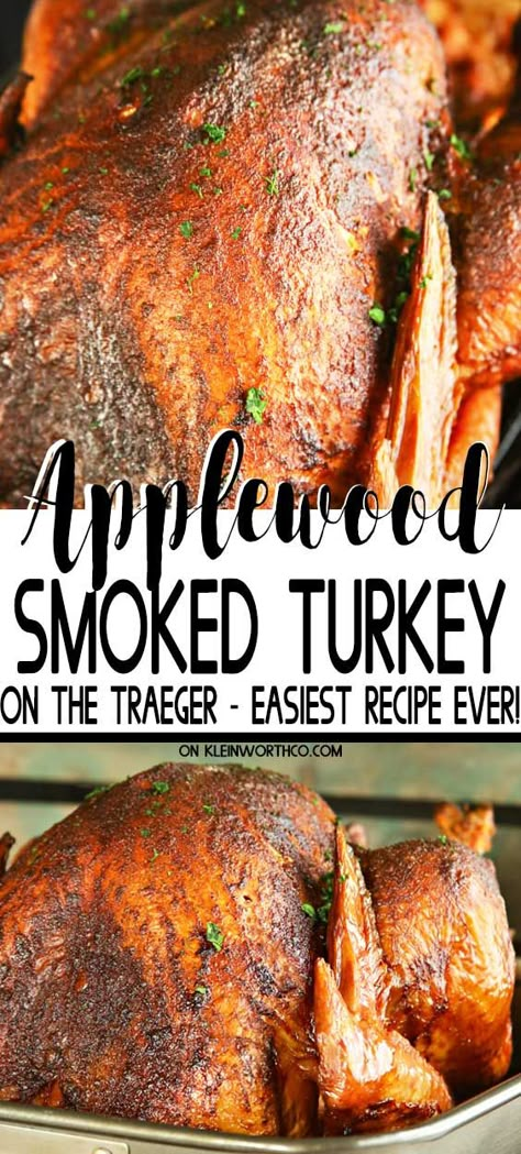 Make Thanksgiving EASY with this Applewood Smoked Turkey for Traeger! This practically effortless turkey recipe on a pellet grill is so juicy & delicious. You'll never bake a turkey in the oven again. Smoked Turkey Recipes Thanksgiving, Bake A Turkey, Traeger Turkey, Traeger Smoked Turkey, Turkey In The Oven, Smoker Grill Recipes, Traeger Cooking, Pellet Smoker Recipes, Easy Turkey Recipes