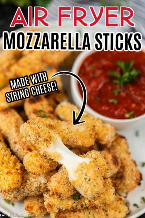 Easy Fried Cheese Sticks, Cheesestick Recipe Air Fryer, What To Make With Cheese Sticks, Healthy Air Fryer Mozzarella Sticks, How To Make Cheese Sticks In Air Fryer, Mozzarella Recipes Air Fryer, Air Fry Cheese Sticks, Air Fryer Cheese Recipes, Homemade Mozzerella Stick Recipe Air Fryer