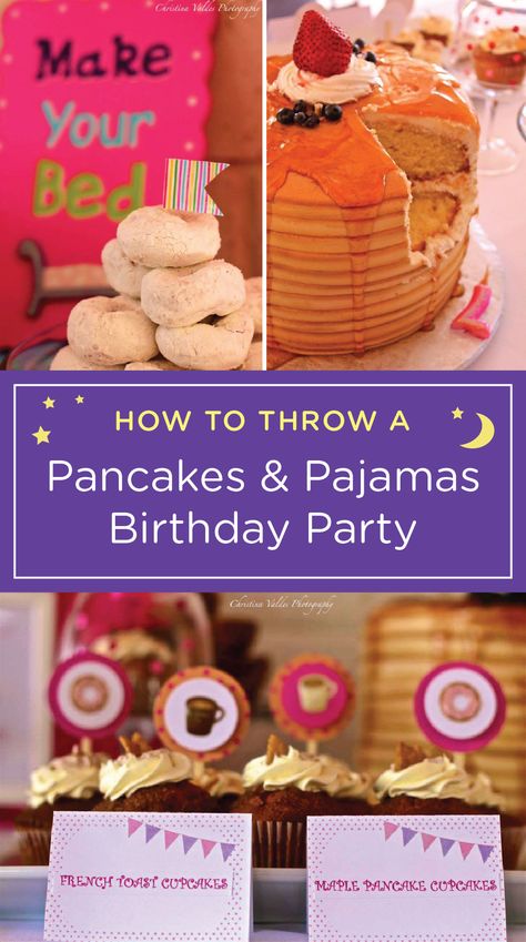 This DIY pancakes and pajamas birthday party is the perfect way to celebrate your child’s special day. Set up a creative breakfast-themed dessert table with special treats like these French toast cupcakes or this pancake birthday cake. If you know that your child experiences frequent nighttime wetness, have her put on her GoodNites Bedtime Pants before any guests arrive. They’ll help her stay dry so she can focus on having fun with her friends. Pancakes And Pajamas Party Games, Pancake First Birthday Party, Pajamas And Pancakes Birthday Party, Pancake Birthday Cake, Diy Pancakes, Pajama Party Kids, Pancakes And Pajamas Birthday Party, Breakfast Birthday Party, Pancake Birthday