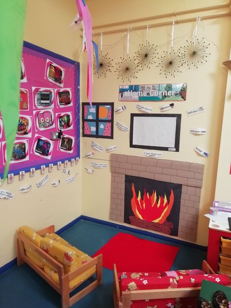 Home Corner Role Play Fireplace Home Corner Eyfs, Role Play Display Boards Eyfs, Home Corner Preschool Pretend Play, My Home And Family Preschool Theme Dramatic Play, Cozy Corner Daycare, All About Me Role Play Area, Preschool Home Corner Ideas, Home Corner Role Play Eyfs, Dramatic Play Home Living