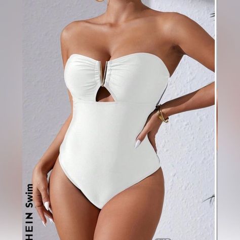 [Ad] (M) Nwt Shein Strapless White One Piece Bathing Suit. Never Worn Only Tried On. Cute V Metal Cut Out In The Front. Perfect For Bachelorette Or Bridal Activities. #whitebridalbathingsuit Elegant White Bandeau Swimwear, Chic White Strapless Swimwear, Bridal Activities, Cute V, White Bathing Suit, White One Piece, White Bride, Wedding Activities, One Piece Bathing Suit