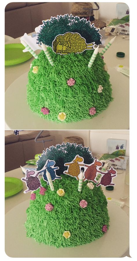 Where Is The Green Sheep birthday cake "Turn the cake quietly let's take a peek..." Shaun The Sheep Birthday Theme, Sheep Smash Cake, Ba Ba Black Sheep Cake, Lamb Birthday Cake, Where Is The Green Sheep Cake, Sheep Birthday Cake, Green Sheep Cake, Where Is The Green Sheep, Sensory Story