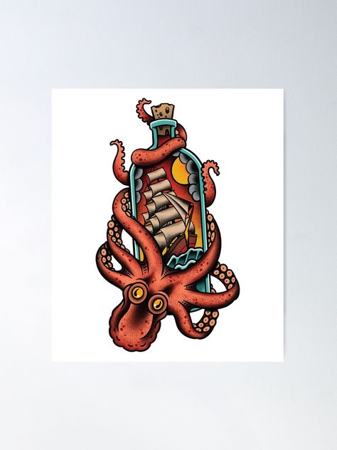 "Ship in a Bottle" Poster by SevenRelics | Redbubble American Tradition Tattoo, Traditional Nautical Tattoo, Tradition Tattoo, Nautical Tattoos, Black Pearl Ship, Tattoo Art Design, Kraken Tattoo, Wrap Around Tattoo, Ship In A Bottle