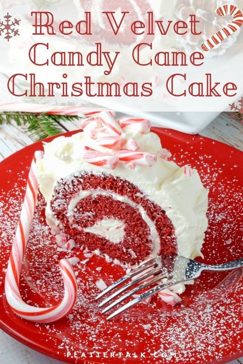 This easy holiday dessert recipe features a red velvet cake roll, layered with white chocolate peppermint frosting and topped with crushed candy canes. Nothing says Merry Christmas like this beauty from Platter Talk! #Christmas #easy #dessert #recipe #candycanes #frosting #whitechocolate #plattertalk #rollcake Peppermint Cake Roll, Christmas Cake Roll, Red Velvet Cake Roll, Holiday Dessert Recipes Easy, Perfect Christmas Dessert, Peppermint Cake, Easy Holiday Desserts, Cake Roll Recipes, Holiday Dessert Recipes