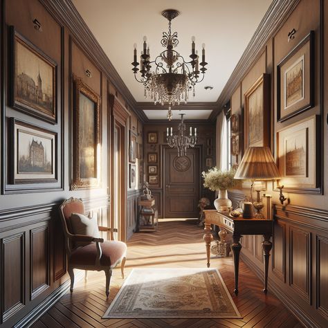 The hallway should incline towards a warm color palette with rustic and antique elements mingled with modern aesthetics. The floor might be a polished hardwood, walls adorned with old framed artwork, and an ornate chandelier hanging from the ceiling. The furniture might include a small antique console table placed against the wall, carrying a vintage lamp or a vase of fresh flowers. This image will serve as an inspirational reference for a home remodeling project. Academia Hallway, Hallway Upstairs, Grand Hallway, Wooden Paneling, Rich Interior, Hallway Interior, Modern Traditional Home, Victorian Hallway, Timeless Home Decor