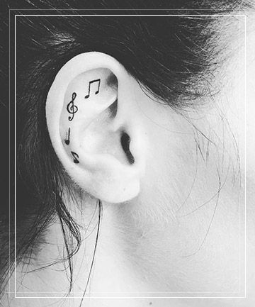 Tattoo Nota Musical, Music Note Tattoo Behind Ear, Grey Ink Tattoos, Symbols Of Strength Tattoos, Ear Tattoo Ideas, Universe Tattoo, Music Note Tattoo, Ear Tattoos, Unalome Tattoo