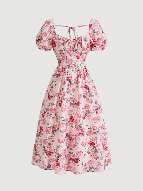 SHEIN MOD Women's Floral Printed Puff Sleeve Sweetheart Neckline Bubble Hem DressI discovered amazing products on SHEIN.com, come check them out! Short Pink Dress Aesthetic, Puff Sleeve Dress Outfit, Pink Floral Dress Outfit, Floral Dress Shein, Floral Dress Outfits, Cute Formal Dresses, Pink Sundress, Fashion Top Outfits, Cute Dress Outfits