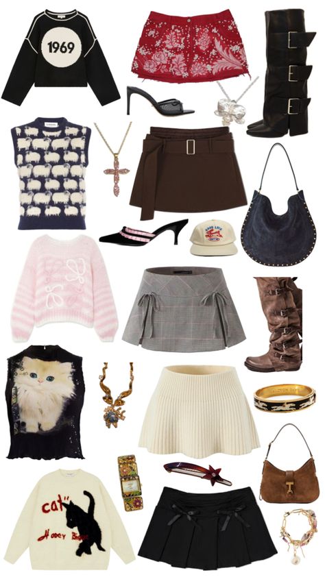 This fashion collage is full of must-have pieces, from bold graphic sweaters and pleated skirts to statement boots and chic handbags. Perfect for Gen Z’s eclectic style, it mixes trendy accessories with vintage-inspired looks. Get ready to level up your Pinterest feed with these #OOTD essentials! #FashionInspo #OOTD #PinterestFashion #GenZStyle #TrendyOutfits #VintageVibes #StreetStyle #FallFashion #WardrobeEssentials #StatementPieces #EdgyFashion #KnitwearGoals #StyleCollage #FashionAesthetic #ChicAccessories#FallFashion Eclectic Fashion Vintage, Gen Z Fashion, Statement Boots, Pinterest Feed, Fall 2024 Fashion, Edgy Chic, Graphic Sweaters, Pleated Skirts, Fashion Collage