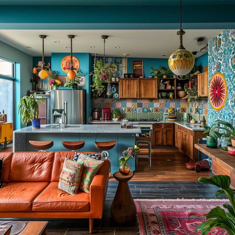 Open Concept Kitchen Living Room Maximalist, Small Open Kitchen Living Room Ideas, Eclectic Open Kitchen And Living Room, Eclectic Style Kitchen, Colorful Open Floor Plan, Open Kitchen And Living Room Small, Open Plan Dining Living Room, Colorful Open Concept, Open Plan Kitchen Living Room Small