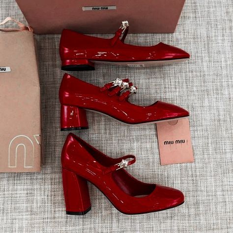 Mary Jane Shoes Miumiu, Luxury Shoes Heels, Miu Miu Mary Jane, Red Mary Janes, Red Mary Jane Shoes, Zapatos Mary Jane, Dr Shoes, Fancy Shoes, Shoe Inspo