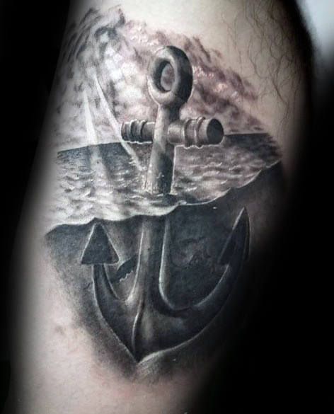 Water With Sun Rays Realistic Anchor Mens Inner Arm Bicep Tattoo Anker Tattoo Design, Traditional Anchor Tattoo, Navy Tattoos, Anchor Tattoo Design, Anker Tattoo, Lighthouse Tattoo, Sea Tattoo, Kunst Tattoos, Water Tattoo