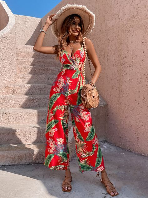 Red Boho  Sleeveless Polyester Tropical Cami Embellished Non-Stretch Summer Women Jumpsuits & Bodysuits Havana Nights Outfit Women, Havana Nights Party Attire Women, Tropical Party Outfit, Fitted Floral Print Tropical Jumpsuit, Hawaiian Outfit Women, Destination Wedding Attire, Tropical Floral Print Sleeveless Jumpsuit, V-neck Tropical Print Jumpsuit For Beach, Tropical Print V-neck Jumpsuits And Rompers For Beach