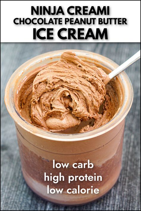 Who doesn't love a chocolate peanut butter flavor combination? Check out this Ninja Creami chocolate peanut butter ice cream recipe that is not only sugar free but it's high protein and low calorie. Creamy chocolate ice cream mixed with peanut butter for a decadent but healthy sweet treat! High Protein Chocolate Ice Cream, Chocolate Peanut Butter Protein Ice Cream, Healthy Protein Ninja Creami, Ninja Creamy Keto Recipes, Healthy Peanut Butter Ice Cream, Creamy Ninja Ice Cream Recipe, Ninja Creami Protein Ice Cream Recipe Chocolate Peanut Butter, Ninja Creamy Chocolate Protein Ice Cream, Chocolate Peanut Butter Ice Cream Recipe