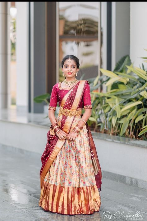 Half Saree Lehenga For Kids, Half Saree Function Kids, Half Saree Designs Simple, Langa Voni Half Saree, Frock Design For Stitching, Paithani Lehenga, Indian Dresses For Kids, Saree Function, Girls Frocks