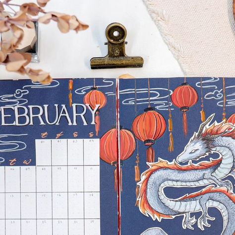 Journal Away on Instagram: "🐉 f e b r u a r y c o v e r • Wii, it's time to start sharing pictures of my Year Of The Dragon theme! 🤩 This cover spread went through some changes that you can see in the PWM video on YT, and it's not my personal favorite, but it's been growing on me ever since I filmed the video 😊 • TOOLS: - Notebook @mymellowdays Rêverie Journal A5, Sage Green - Dragon watercolors @winsorandnewton Professional 24 color Travel Kit - Background paints @holbein_art Artist Gouache (Ivory Black and Prussian Blue) - Paint Pens @artistro.artsupplies Fine Tip - - • • • • #bulletjournal #bujo #bulletjournalist #journalaway #bujoing #bulletjournaling #bujoart #bujoideas #bujoinspo #bujoinspiration #bulletjournalinspo #bulletjournalinspiration #bulletjournalideas #bujocommunity #buj Journal Idea, Journal Stuff, My Year, Prussian Blue, Bujo Inspiration, Green Dragon, Bullet Journal Inspo, Travel Kit, Year Of The Dragon