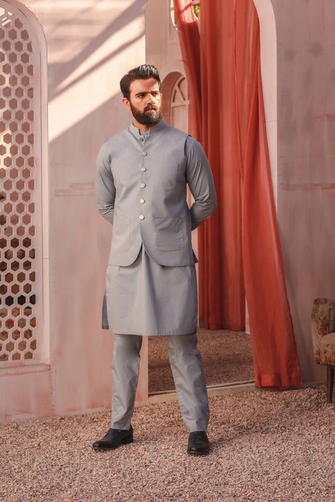 Casual And Formal Waistcoats By Top Designers – LAAM Luxury Nehru Jacket Straight Kurta For Eid, Eid Cotton Silk Nehru Jacket Straight Kurta, Pocket Design Fashion Men Kurta, Shalwar Kameez With Coat Men, Front Pocket Design Kurta Men, Blue Coat Pant, Semi-formal Nehru Jacket With Stand Collar And Pockets, Shalwar Kameez Designs, Formal Dresses For Men