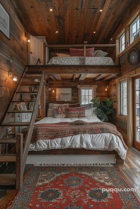 Tiny Barndominium, Rustic Cabin Ideas, Bachelor Flat, Beige And Brown Bedroom Ideas, Brown Bedroom Ideas, Loft Aesthetic, Vintage Apartment Decor, Bunk Room Ideas, Home Wall Decor Ideas