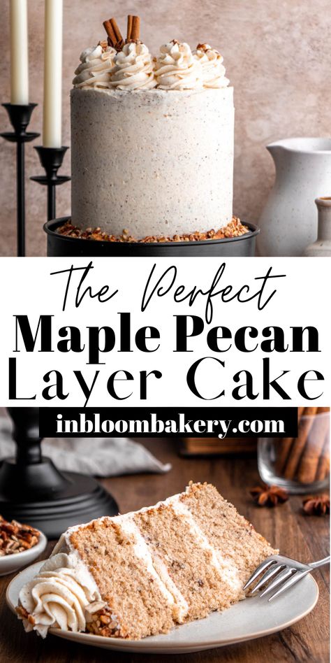 This recipe is for a sweet and tender maple cake full of chopped pecans, frosted and filled with decadent brown butter buttercream. Maple Frosting Cake, Maple Bourbon Cake, Cake Flavor Recipes, Fall Cake Flavors And Fillings, Sweet Potato Layer Cake Recipe, Cake Recipes Thanksgiving, Pecan Cake Recipes, Maple Cake Recipe, Pecan Layer Cake