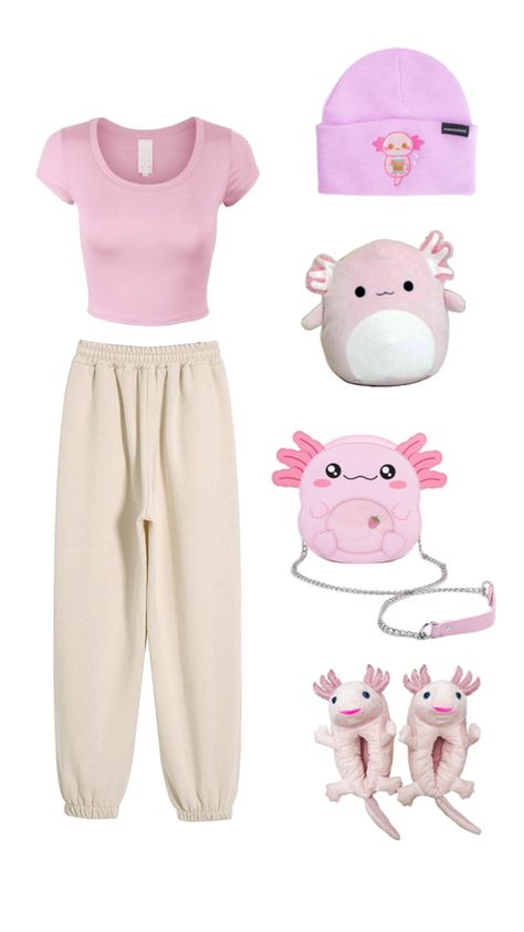 A cropped pink T with crème colored sweatpants paired with a bright pink axolotl beanie and a cute kawaii axolotl bag and slippers, with a pink axolotl squish mallow Colored Sweatpants, Pink Girl Outfits, Squish Mallow, Kawaii Axolotl, Pink Axolotl, Cropped Pink, Creme Color, Aesthetic Pink, Cute Kawaii